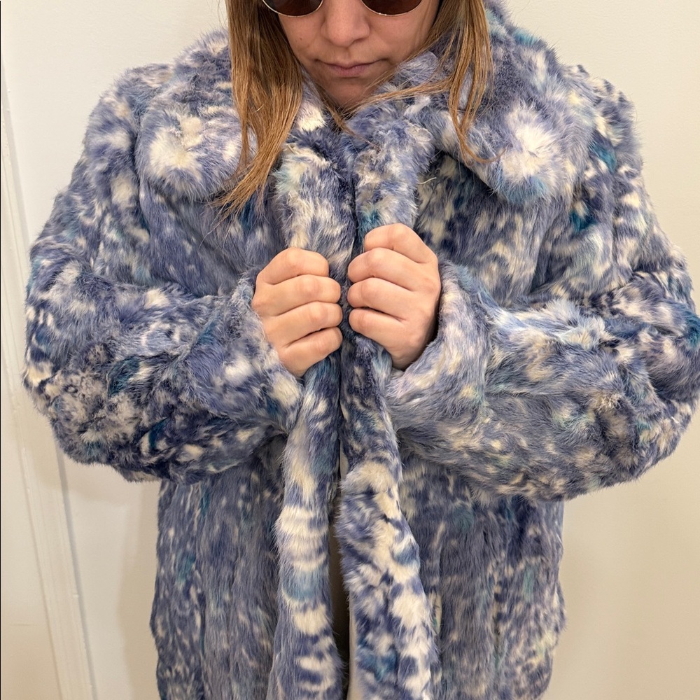 Women's Blue Real Rabbit Fur Coat - Picture 10 of 14